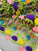 Multi-Color on Black Mesh Mexican Sarape Fabric - Embroidered Colorful Flower Design Fabric By Yard