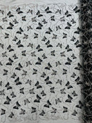 3D Butterfly Sequins Bead Fabric - Black - Sequins Butterfly Embroidered Beaded Fabric By Yard