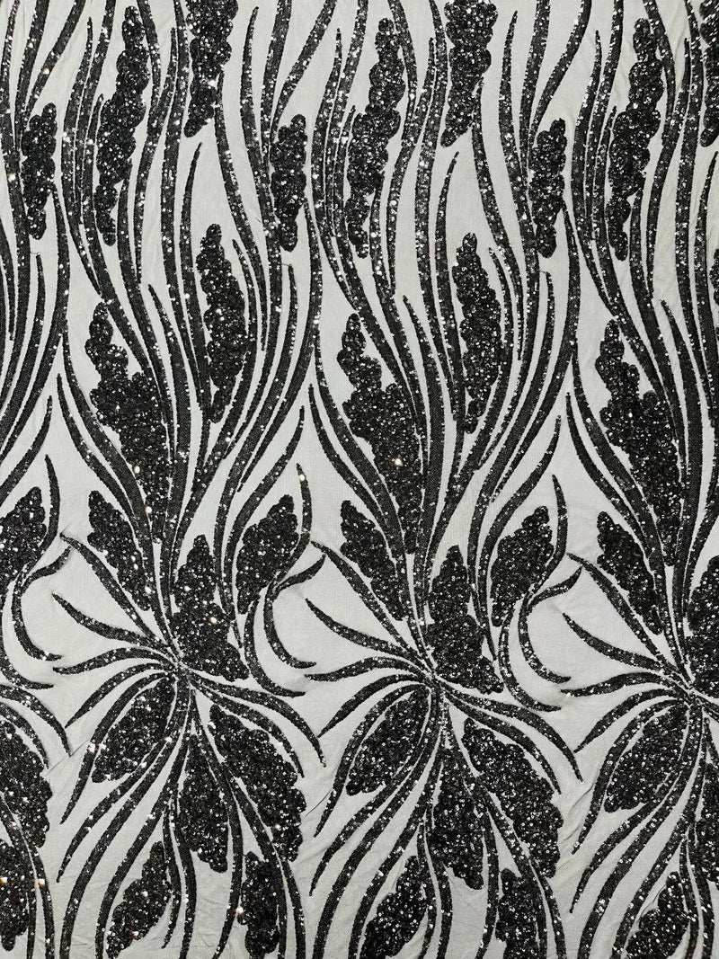 Wavy Leaf Design Fabric - Black - 4 Way Stretch Sequins Lace Mesh Leaf Design Fabric by Yard