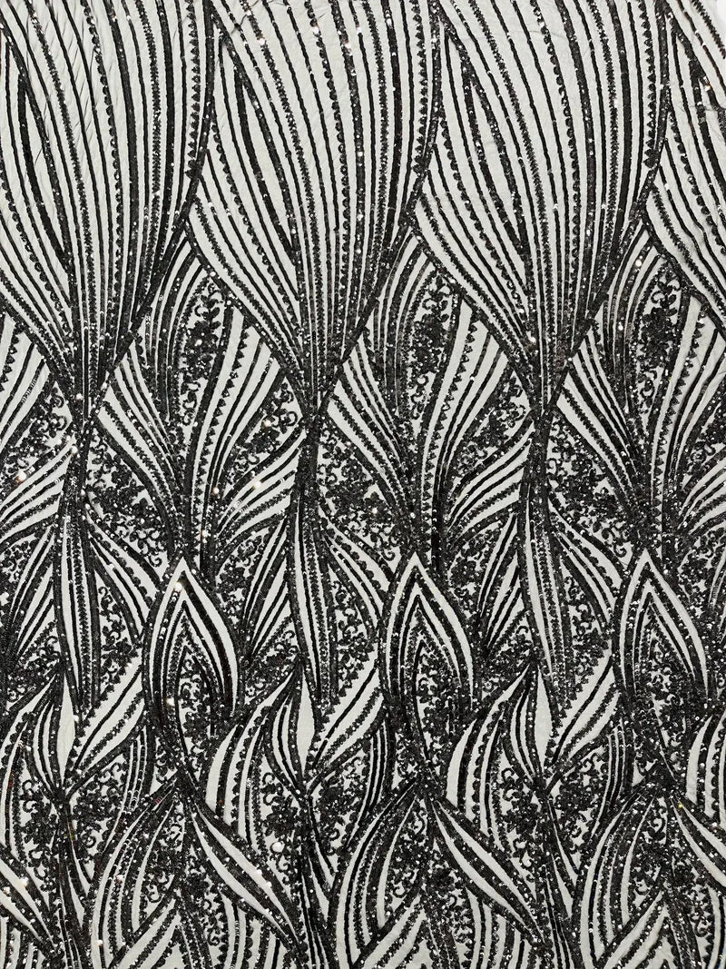 Curvy Design Sequins Fabric - Black - 4 Way Stretch Curvy Sequins Design Mesh Fabric by Yard