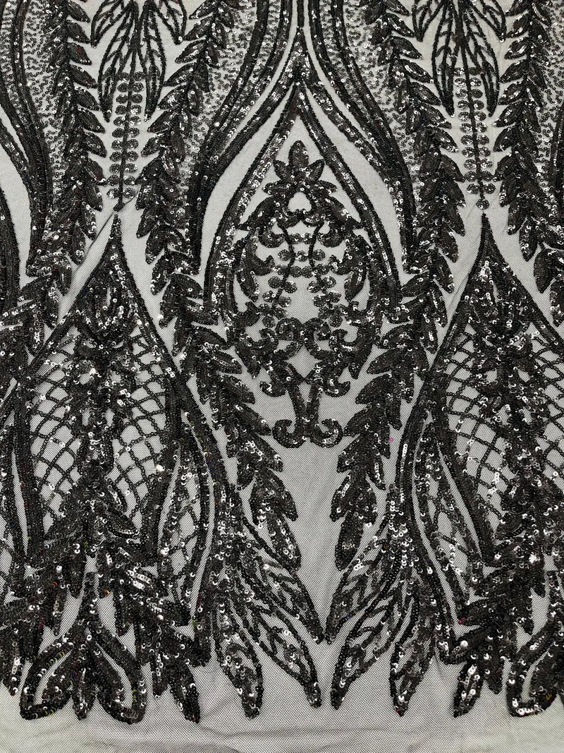 Mermaid Design Fabric - Black  - 4 Way Stretch Sequins Fabric on Lace Mesh Sold By Yard