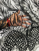 Beaded Embroidered Fabric - Black - Embroidered Heart and Feather Pattern Fabric Sold By Yard