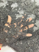 Flower 3D Corded Fabric - Black - Lace Mesh Fabric Embroidered Floral Design by Yard