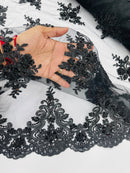 Floral Damask Bead Fabric - Black - Embroidered Floral Clusters with Beads / Sequins by Yard