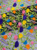 Multi-Color on Black Mesh Mexican Sarape Fabric - Embroidered Colorful Flower Design Fabric By Yard