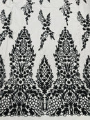 Fancy Rhinestone Glitter Fabric - Black - Embroidered Damask Design Glitter Mesh Fabric by Yard