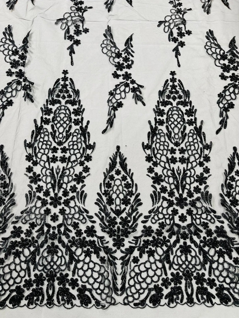 Fancy Rhinestone Glitter Fabric - Black - Embroidered Damask Design Glitter Mesh Fabric by Yard