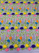 Multi-Color on Black Mesh Mexican Sarape Fabric - Embroidered Colorful Flower Design Fabric By Yard