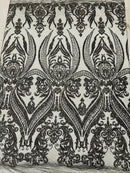 Big Damask Sequins - Black Holographic - Damask Sequin Design on 4 Way Stretch Fabric By Yard