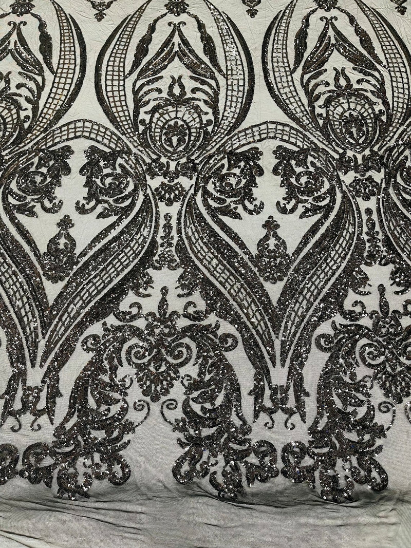 Big Damask Sequins - Black Holographic - Damask Sequin Design on 4 Way Stretch Fabric By Yard