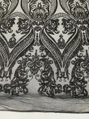 Big Damask Sequins - Black Holographic - Damask Sequin Design on 4 Way Stretch Fabric By Yard