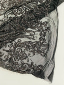 Big Damask Sequins - Black Holographic - Damask Sequin Design on 4 Way Stretch Fabric By Yard