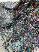 Sword Shaped Sequins - Black Iridescent - Hanging Iridescent Sequins On Mesh Fabric By Yard