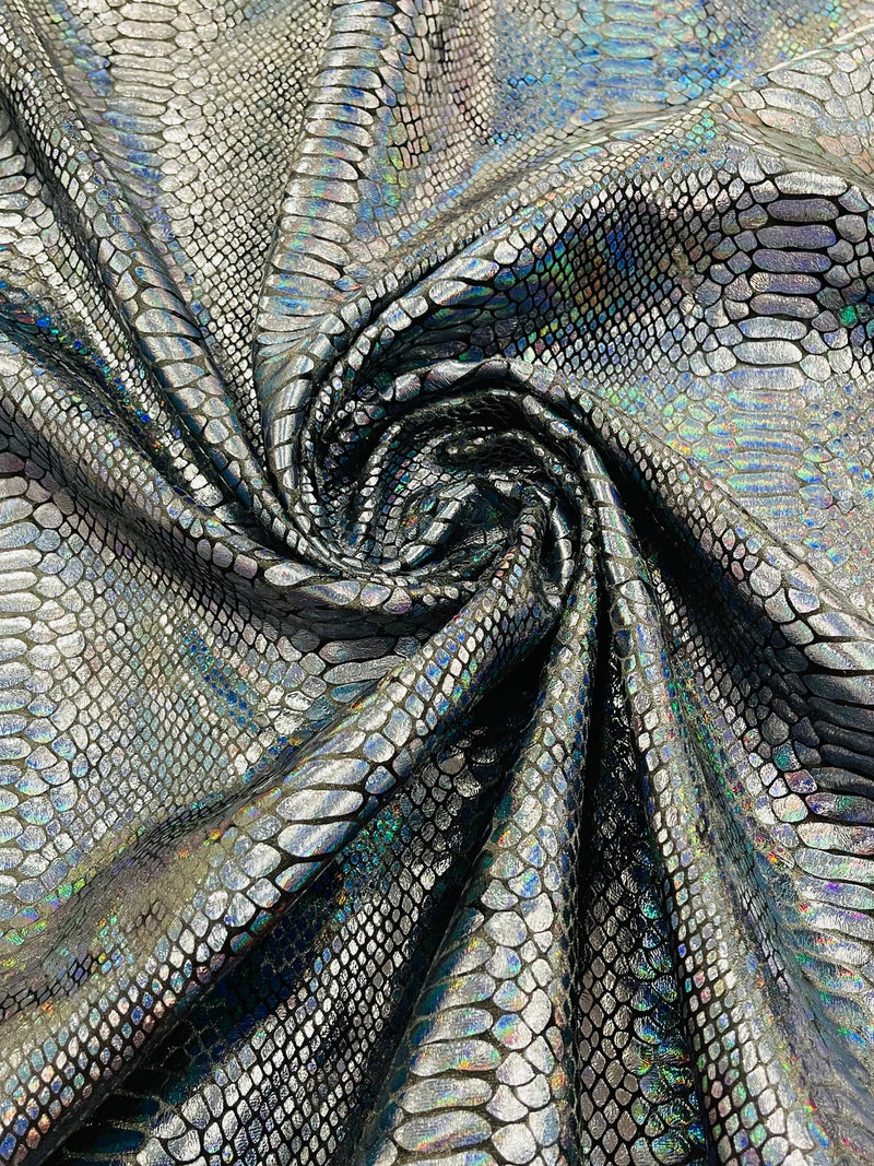 Black Iridescent Illusion Anaconda Foil Printed On Stretch Velvet - Sold By The Yard