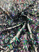 Sword Shaped Sequins - Black Iridescent - Hanging Iridescent Sequins On Mesh Fabric By Yard