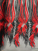 Angel Wings Sequins Fabric - Black / Red - 4 Way Stretch Feather Wings Sequins Design By Yard