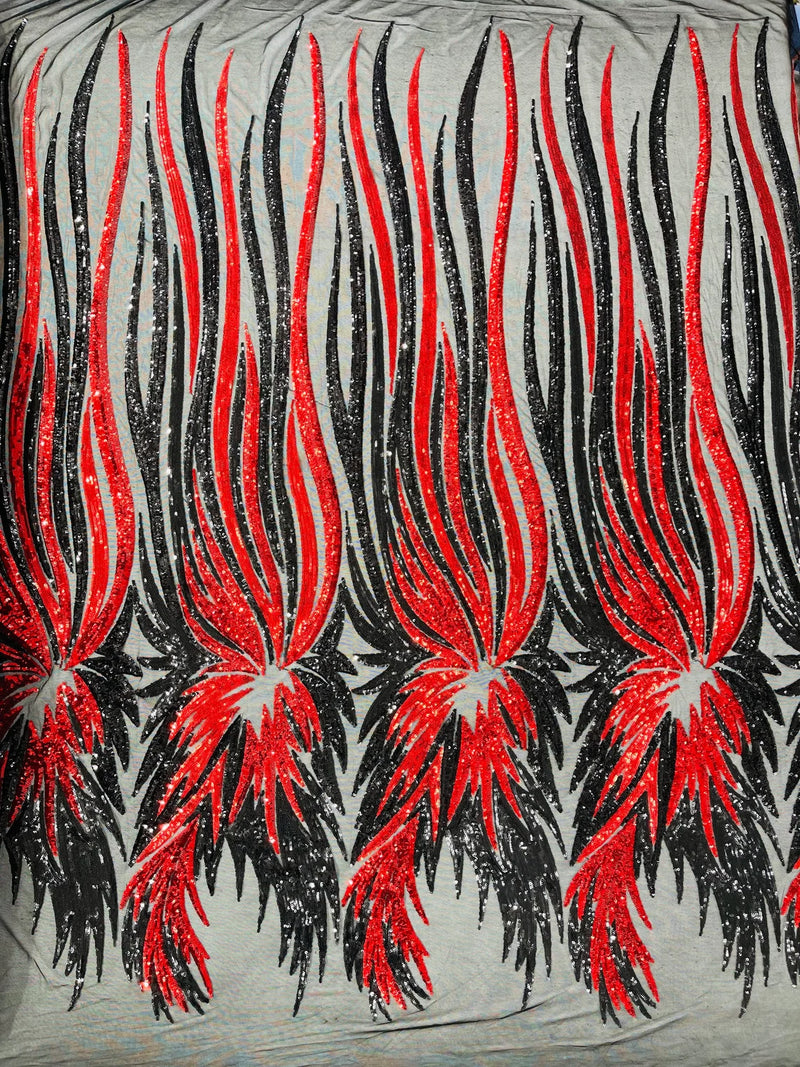 Angel Wings Sequins Fabric - Black / Red - 4 Way Stretch Feather Wings Sequins Design By Yard