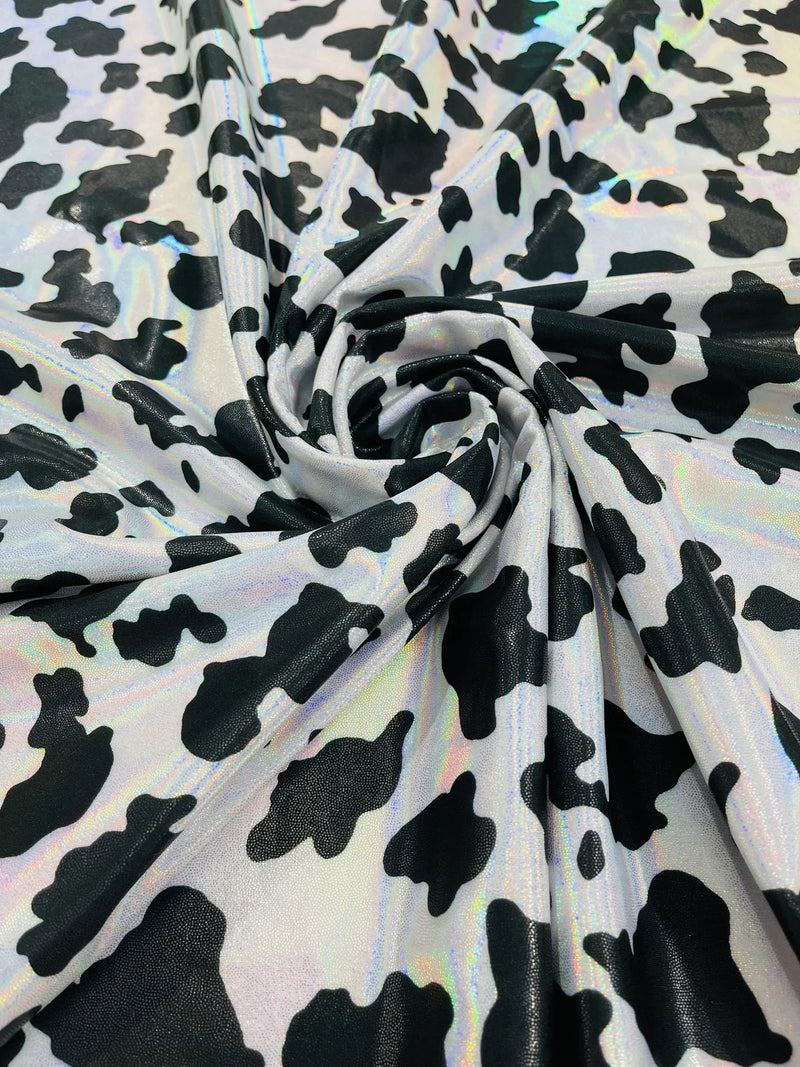 Spandex Cow Print Design - Black / White Holographic - Poly Spandex Fabric 4 Way Stretch - 60” Sold By Yard