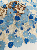 Multi-Color Guipure Lace Fabric - Blue / Beige  - Floral Lace Fabric Sold by The Yard