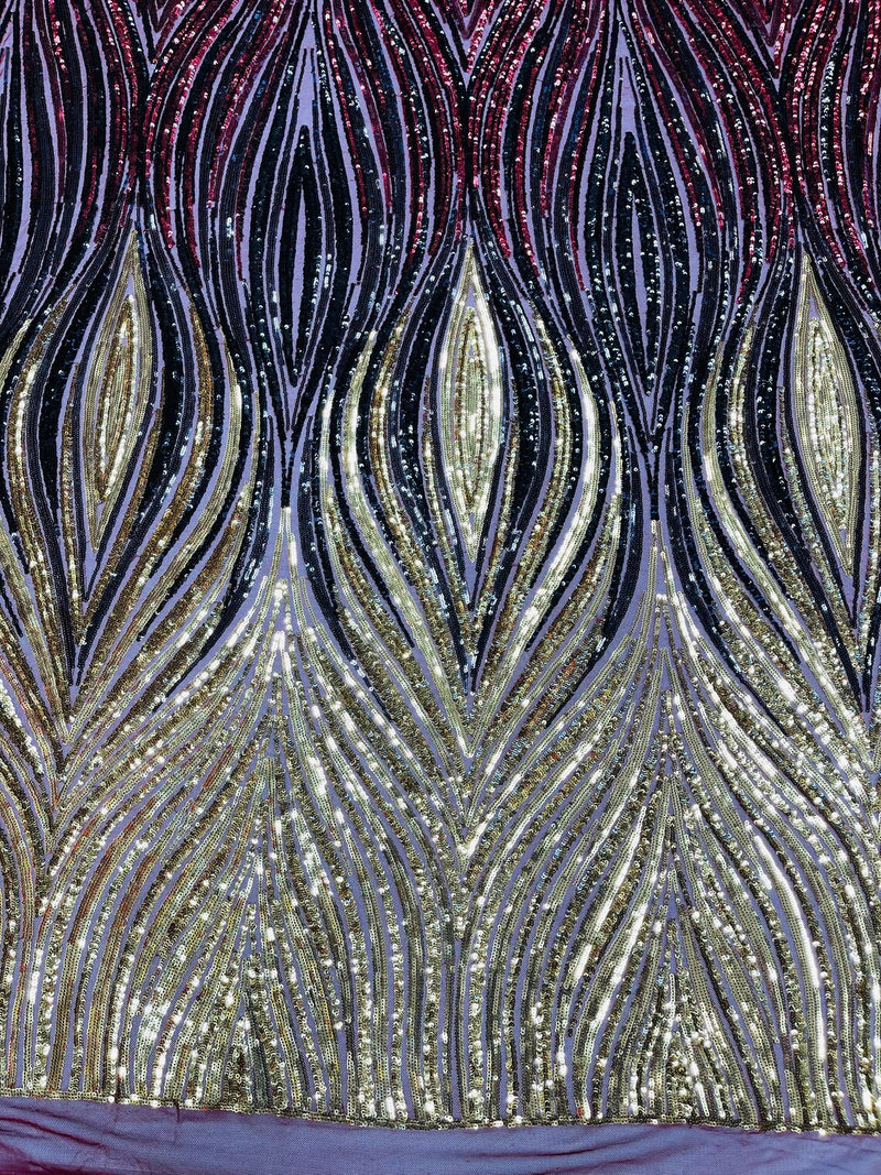 Three Tone Feather Fabric - Black / Iridescent Plum - 4 Way Stretch Embroidered Sequins By Yard