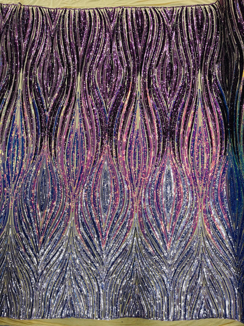 Three Tone Feather Fabric - Black / Iridescent Plum - 4 Way Stretch Embroidered Sequins By Yard