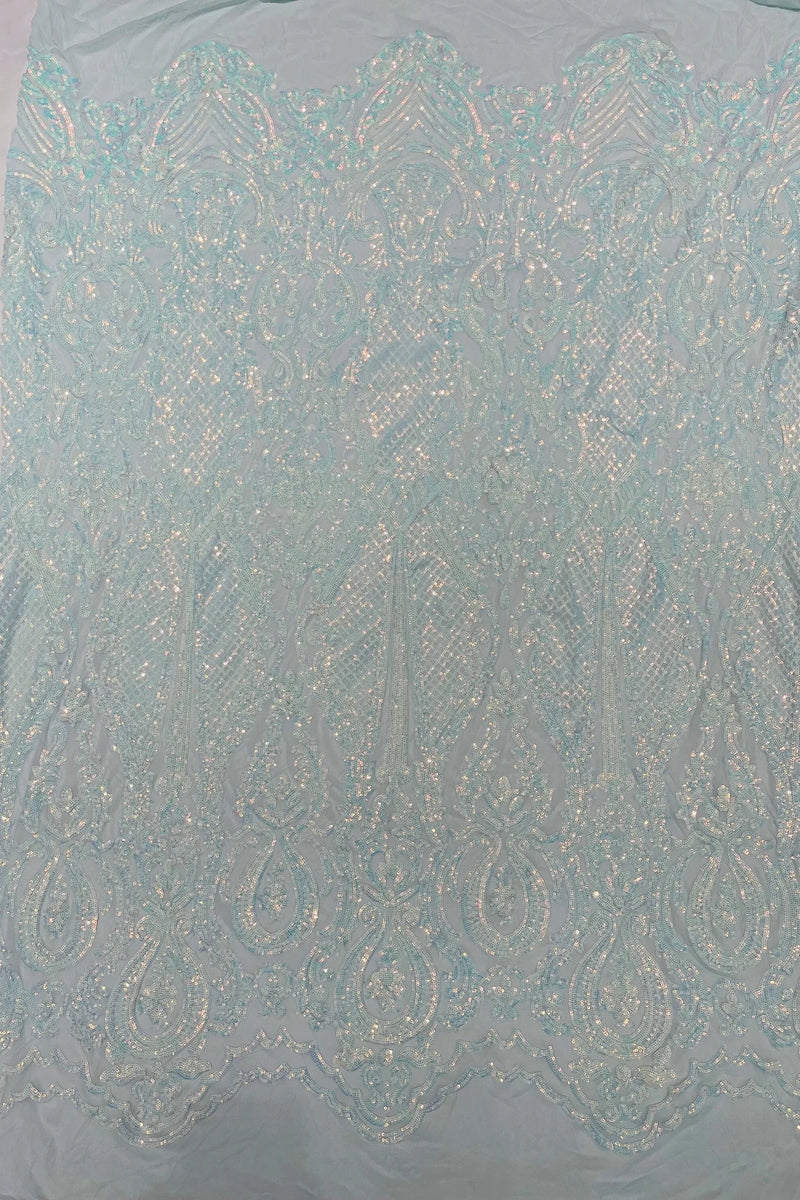 Damask Sequins Fabric - Blue / White - Shiny Sequin Design on 4 Way Stretch Black Mesh Fabric By Yard