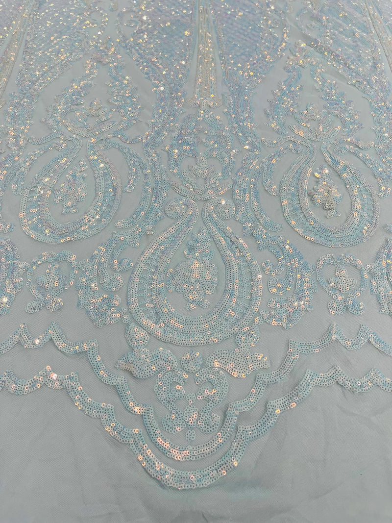 Damask Sequins Fabric - Blue / White - Shiny Sequin Design on 4 Way Stretch Black Mesh Fabric By Yard