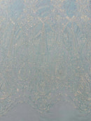 Damask Sequins Fabric - Blue / White - Shiny Sequin Design on 4 Way Stretch Black Mesh Fabric By Yard