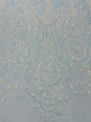 Damask Sequins Fabric - Blue / White - Shiny Sequin Design on 4 Way Stretch Black Mesh Fabric By Yard