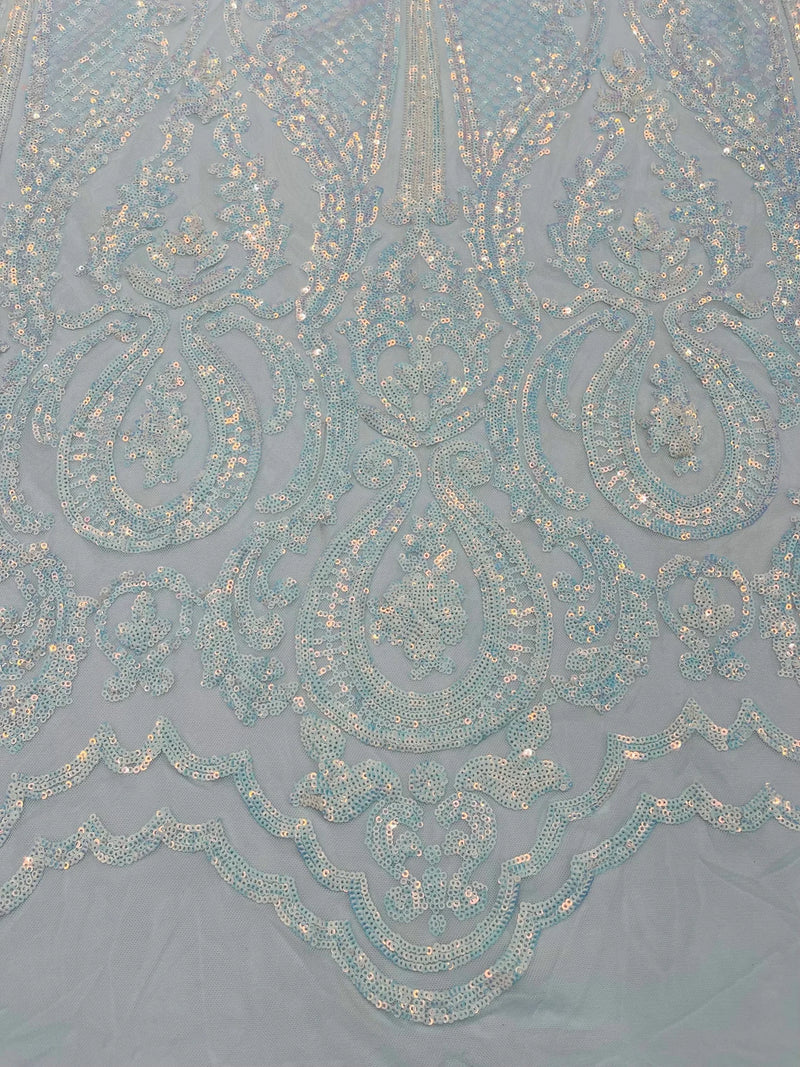 Damask Sequins Fabric - Blue / White - Shiny Sequin Design on 4 Way Stretch Black Mesh Fabric By Yard