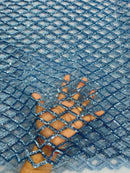 Diamond Net Sequins Fabric - Blue - Geometric Diamond Net Design on Mesh Lace Fabric By Yard