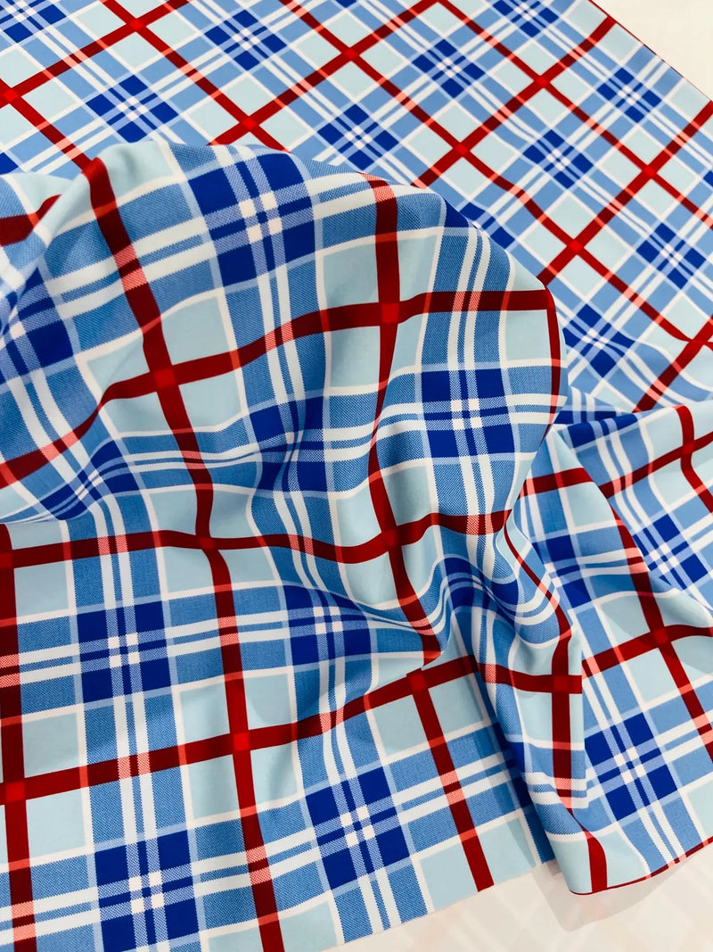 58-60" Plaid Print Milliskin Fabric - Blue - Spandex 4 Way Stretch Plaid Fabric Sold by Yard