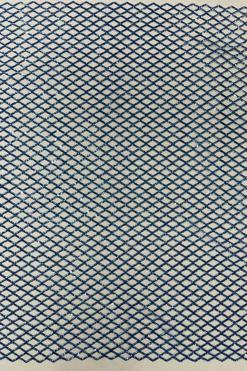 Diamond Net Sequins Fabric - Blue - Geometric Diamond Net Design on Mesh Lace Fabric By Yard