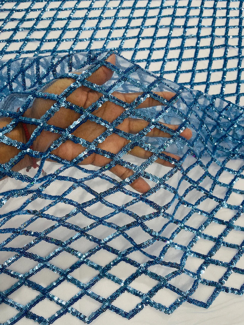 Diamond Net Sequins Fabric - Blue - Geometric Diamond Net Design on Mesh Lace Fabric By Yard