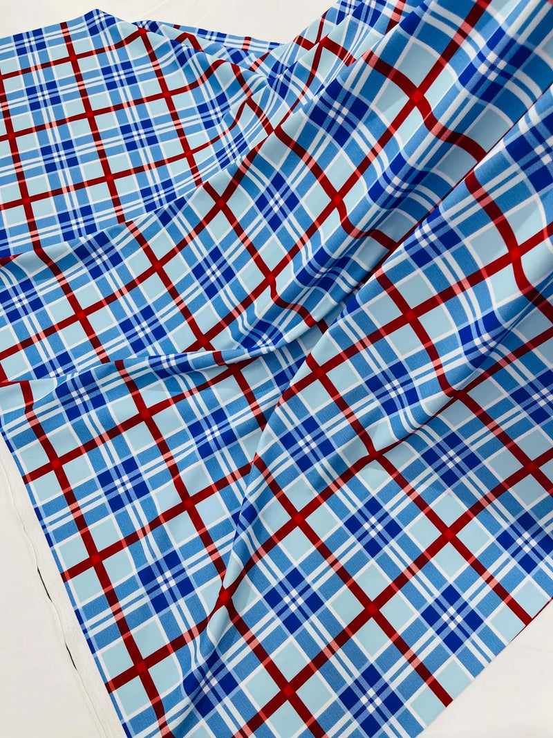 58-60" Plaid Print Milliskin Fabric - Blue - Spandex 4 Way Stretch Plaid Fabric Sold by Yard