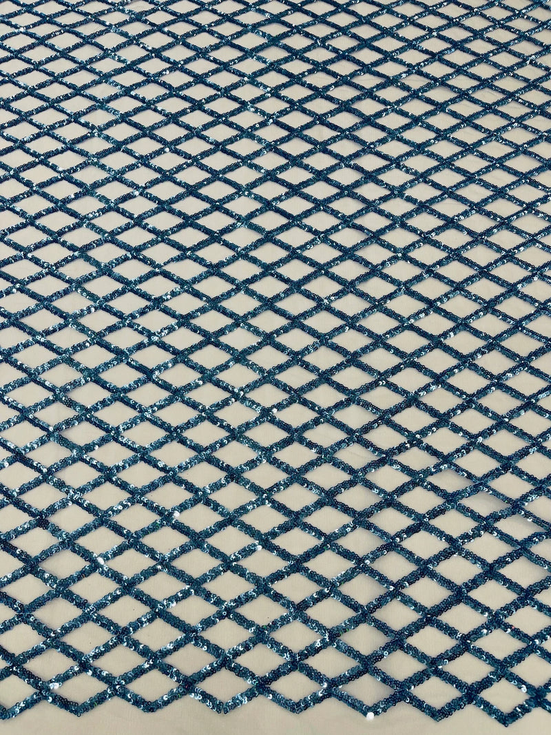 Diamond Net Sequins Fabric - Blue - Geometric Diamond Net Design on Mesh Lace Fabric By Yard