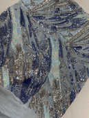 Olivia Sequins Design - Light Blue / Aqua / Silver - 4 Way Stretch Multi Color Sequin Fabric on Mesh Sold By Yard