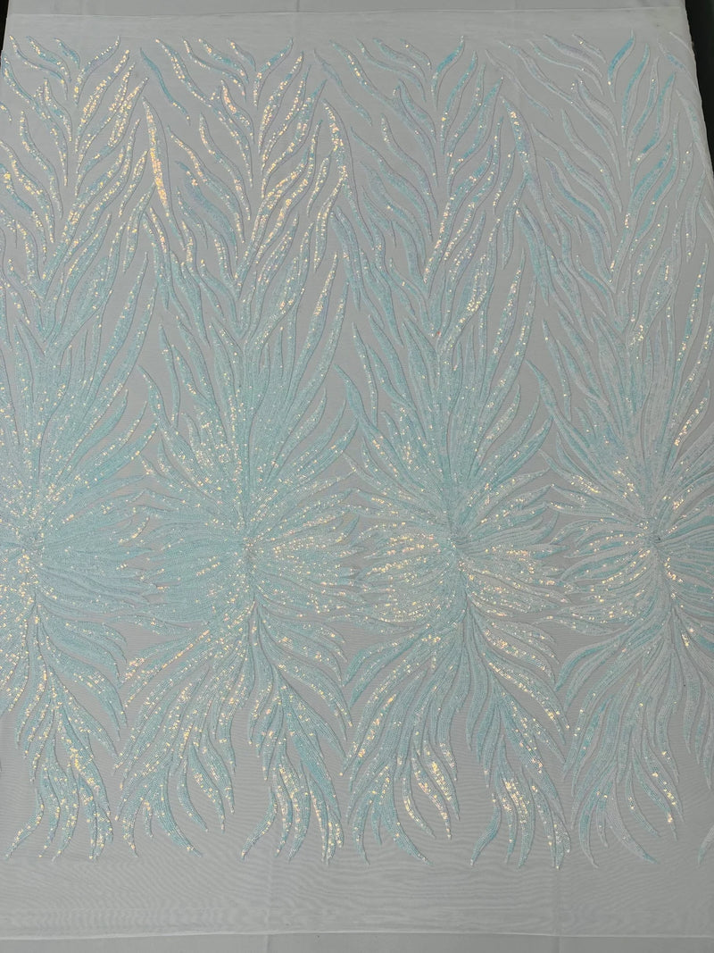 Feather Wings Sequins - Iridescent Blue on White - 4 Way Stretch Embroidered Wings Sequin By Yard