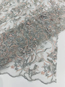 Multi-Color Floral Leaf Fabric - Blush / Silver - Sequins Lace Flower Fabric Sold By Yard