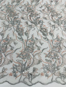 Multi-Color Floral Leaf Fabric - Blush / Silver - Sequins Lace Flower Fabric Sold By Yard