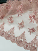 Floral Damask Bead Fabric - Blush - Embroidered Floral Clusters with Beads / Sequins by Yard