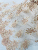 Damask Flower Lace Fabric - Blush - Damask Flowers Embroidered on Lace Fabric By Yard