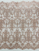 Rhinestone Design Fabric - Blush - Beaded Damask Design Embroidery Corded Lace  by Yard