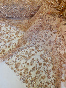 Floral Plant Bead Design - Blush - Beaded Flower Plants Embroidered  Sequins Fabric By Yard