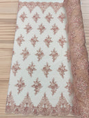 Floral Damask Bead Fabric - Blush - Embroidered Floral Clusters with Beads / Sequins by Yard