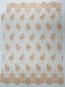 Damask Flower Lace Fabric - Blush - Damask Flowers Embroidered on Lace Fabric By Yard