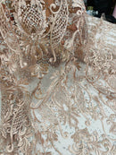 Rhinestone Design Fabric - Blush - Beaded Damask Design Embroidery Corded Lace  by Yard