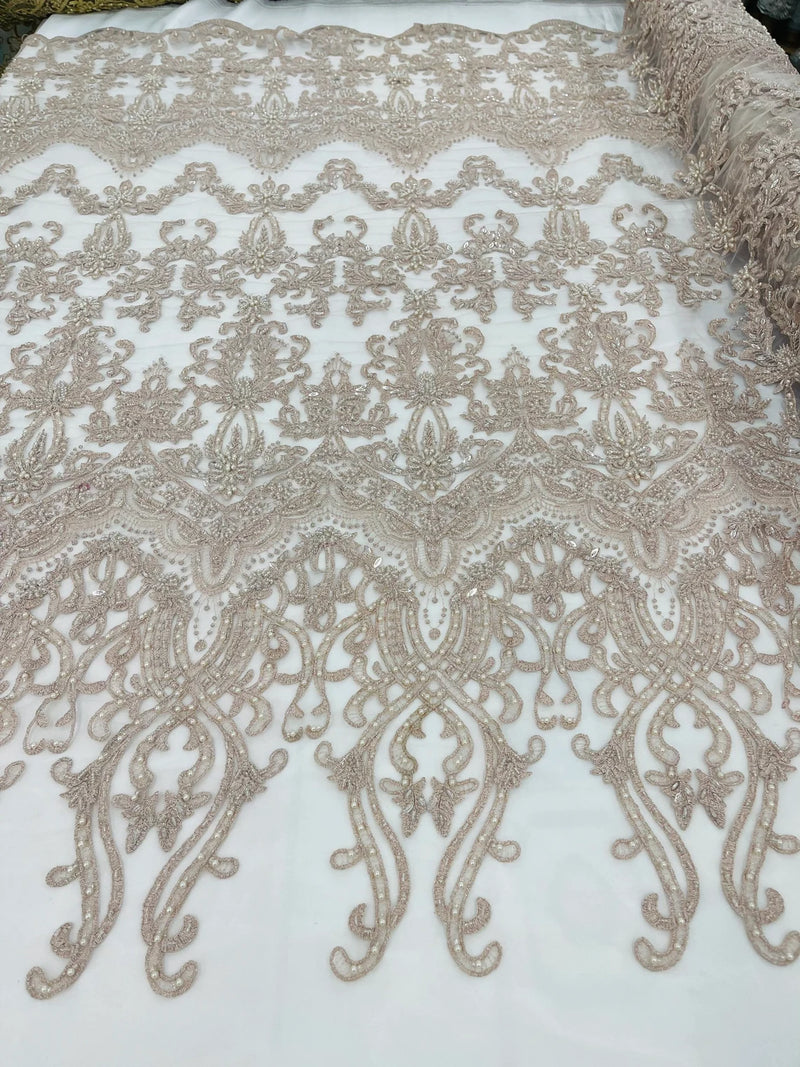 Damask Beaded Glam Fabric - Blush - Embroidery Beaded Fabric with Round Beads Sold By The Yard