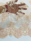 Damask Flower Lace Fabric - Blush - Damask Flowers Embroidered on Lace Fabric By Yard