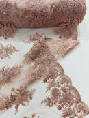 Flower Lace Sequins Fabric - Blush - Embroidered Floral Pattern Fabric with Sequins on Lace By Yard